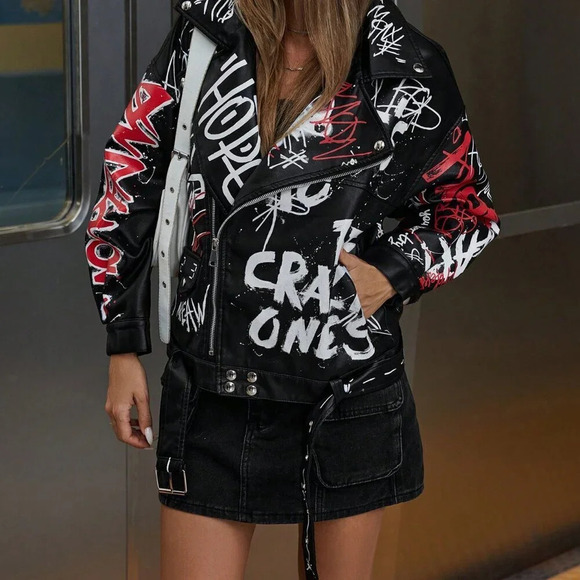 Black Casual Women's Trendy Colorful Graffiti Letter Punk Style Leather Jacket - Picture 8 of 8